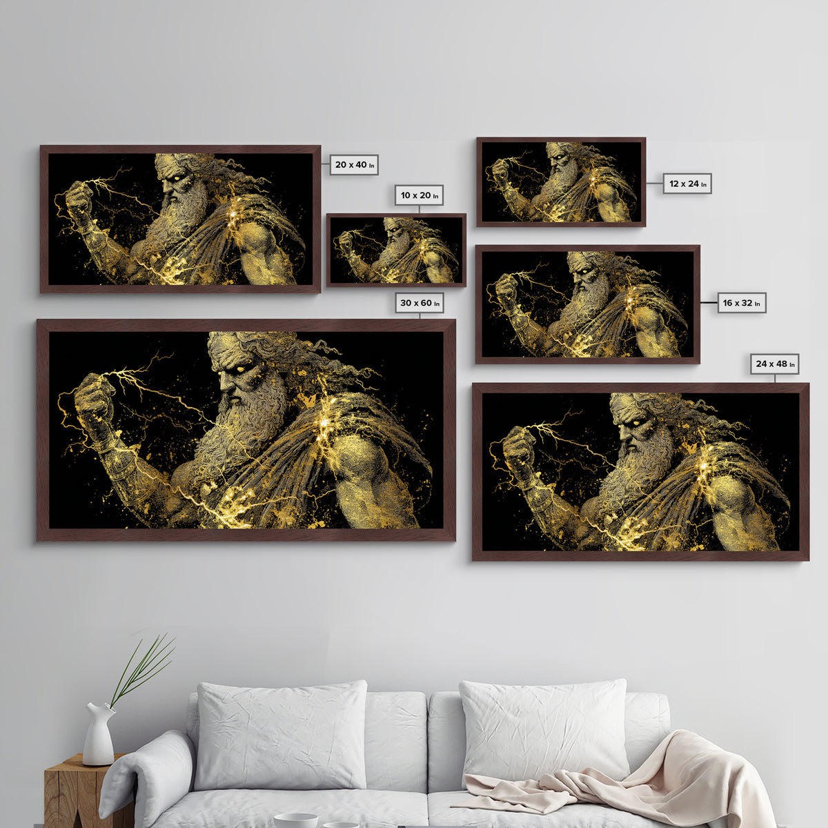 Zeus Metallic Gold Metal Print, Real Wood Framed Greek Mythology Wall Art, Crowned Figure With Flowing Hair Decorative Artwork
