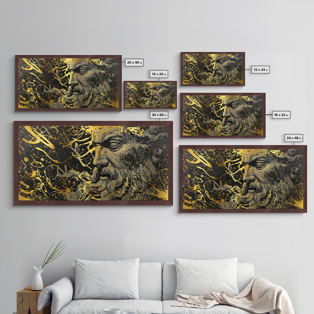Zeus Metallic Gold Metal Print, Real Wood Framed Greek God Wall Art, Mythological Bearded Portrait Luxury Decorative Artwork