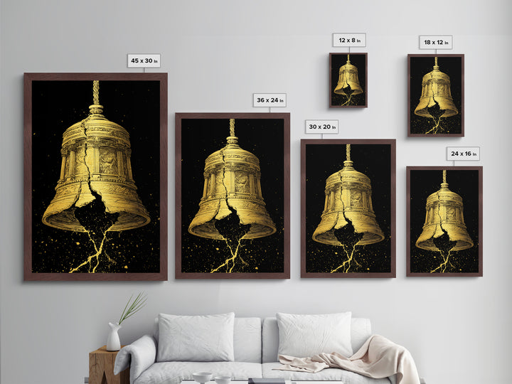 Golden Cracked Bell – Metallic Gold Metal Print – Ancient Greek Inspired Wall Art with Real Wood Frame for Classical Decor