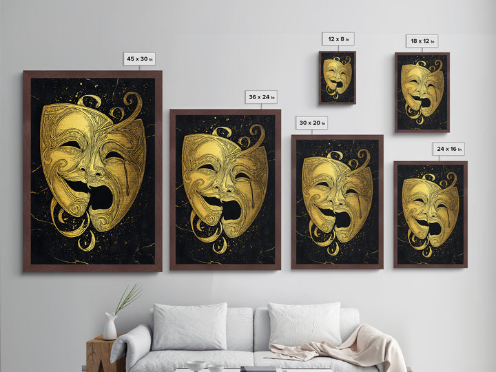 Comedy and Tragedy Theater Masks Metallic Gold Metal Print – Dramatic Wall Art with Real Wood Frame for Home or Studio
