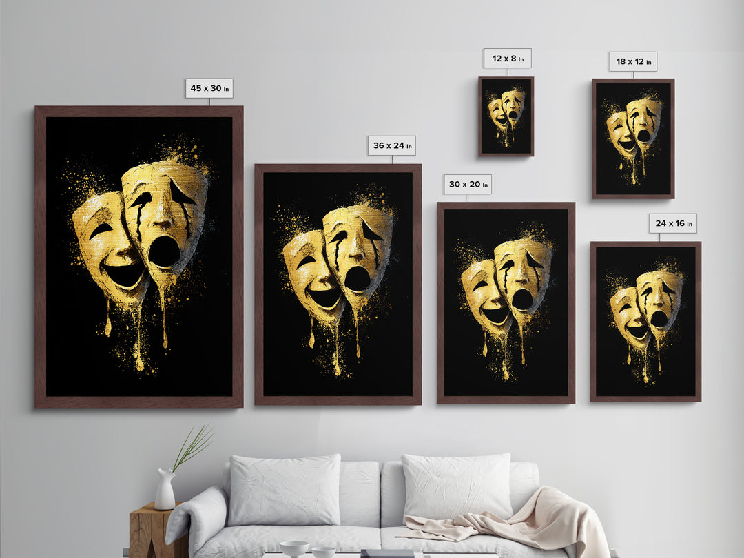 Melting Comedy and Tragedy Masks Metallic Gold Metal Print – Emotional Theater Wall Art with Real Wood Frame