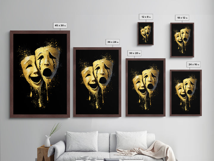 Melting Comedy and Tragedy Masks Metallic Gold Metal Print – Emotional Theater Wall Art with Real Wood Frame