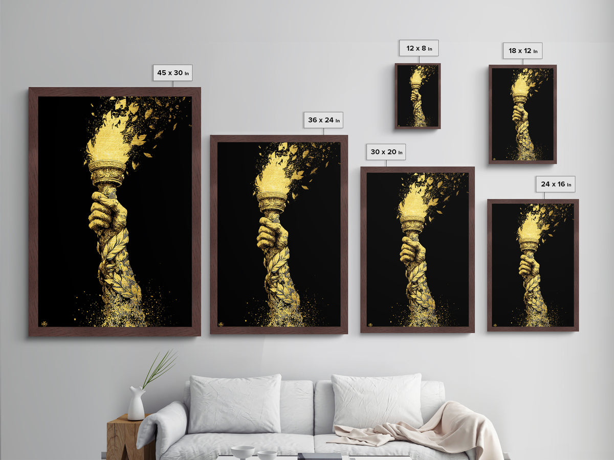 Flaming Laurel Torch Metallic Gold Metal Print – Ancient Greek Victory Symbol Wall Art with Real Wood Frame