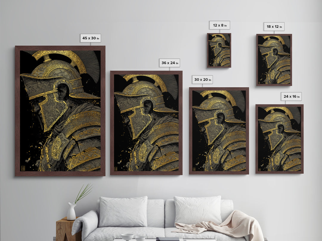 Profile Spartan Warrior Helmet Metallic Gold Metal Print – Ancient Greek Hoplite Wall Art with Real Wood Frame