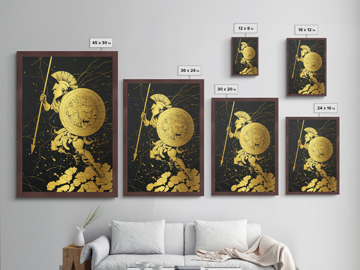 Charging Hoplite Warrior Metallic Gold Art – Greek Spear and Lion Shield Battle Pose, Real Wood Frame Ancient Warrior Wall Art