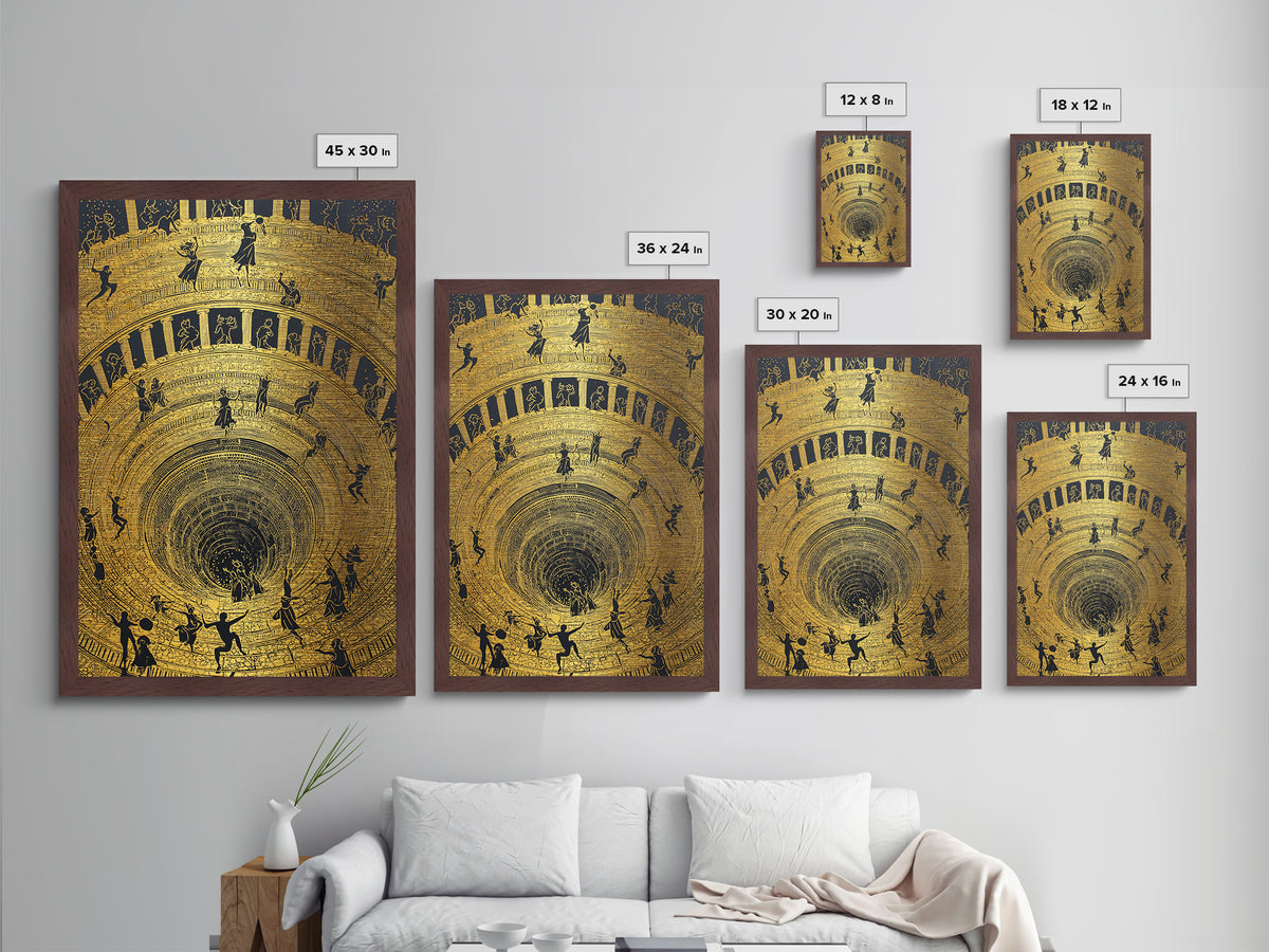 Mythic Underworld Descent Metallic Gold Art – Spiraling Figures in Ancient Pit Design, Real Wood Frame Fantasy Wall Décor
