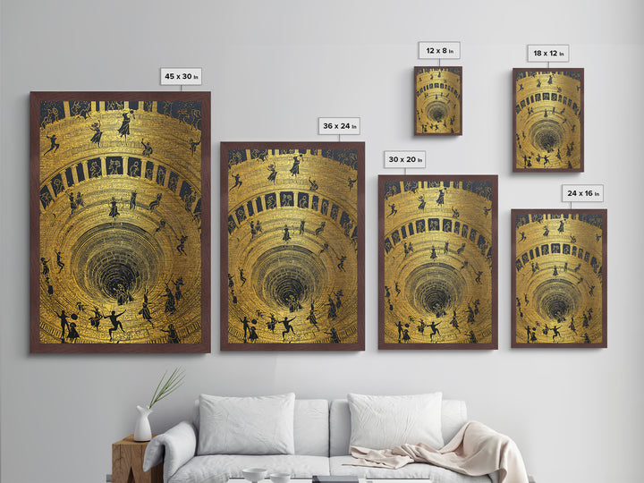 Mythic Underworld Descent Metallic Gold Art – Spiraling Figures in Ancient Pit Design, Real Wood Frame Fantasy Wall Décor
