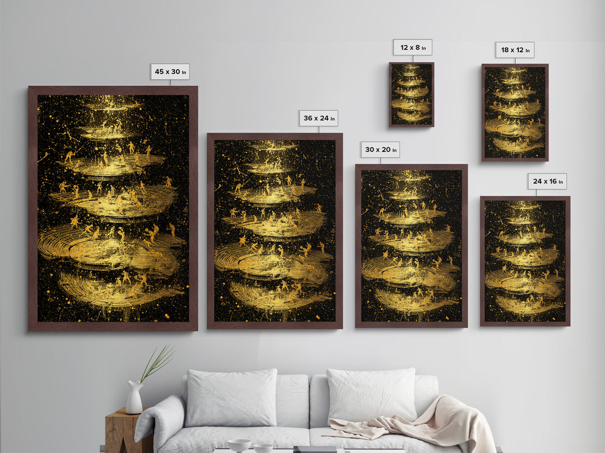 Celestial Battle Layers Metallic Gold Metal Print – Mythological Figures Across Cosmic Rings, Real Wood Frame Fantasy Art