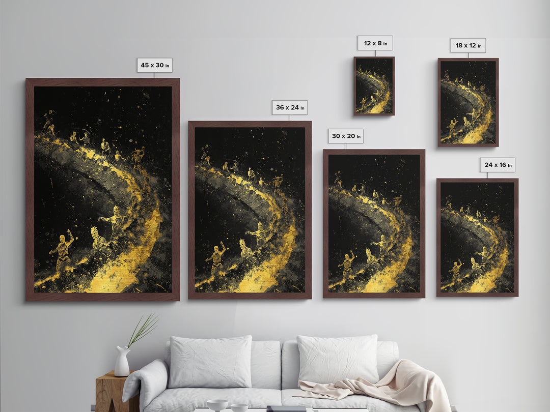 Warriors on Golden Path Metallic Gold Art – Surreal Spiral Battle Scene, Real Wood Frame Mythology Inspired Wall Décor