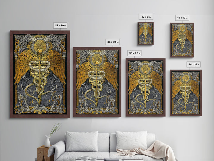 Ornate Medical Symbol Artwork, Caduceus Wall Decor With Wings And Serpents, Metallic Gold Metal Print, Real Wood Frame