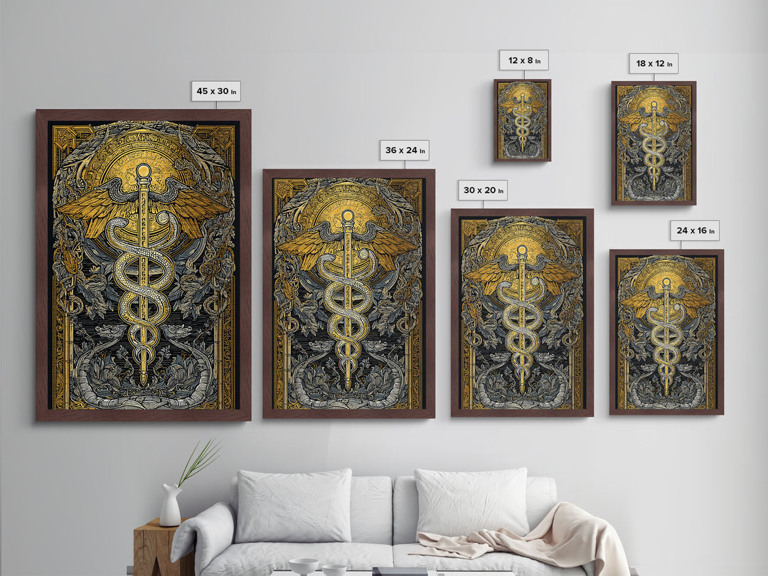 Botanical Caduceus Symbol Artwork, Ornate Serpent And Wings Wall Art, Metallic Gold Metal Print, Real Wood Frame Decor