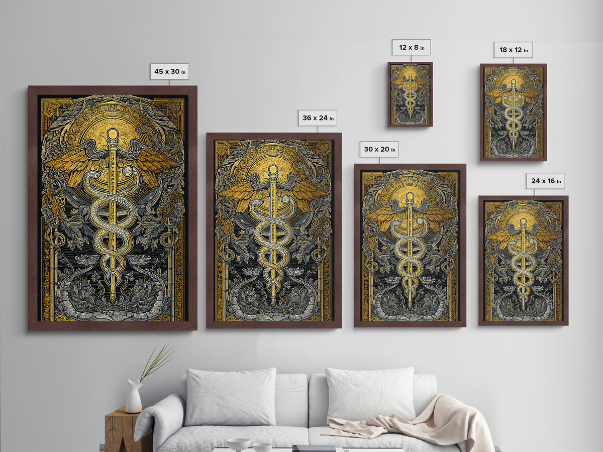 Botanical Caduceus Symbol Artwork, Ornate Serpent And Wings Wall Art, Metallic Gold Metal Print, Real Wood Frame Decor