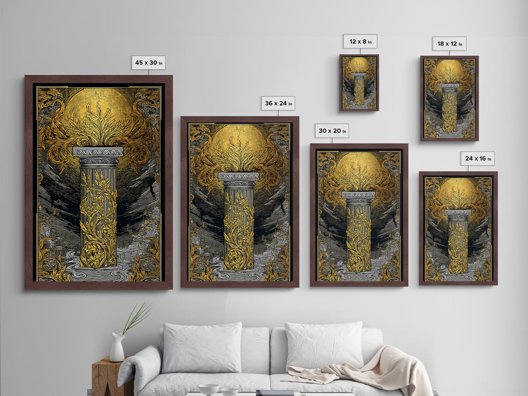 Greek Column Artwork, Mythical Pillar With Golden Flames Wall Art, Metallic Gold Metal Print, Real Wood Frame Decor