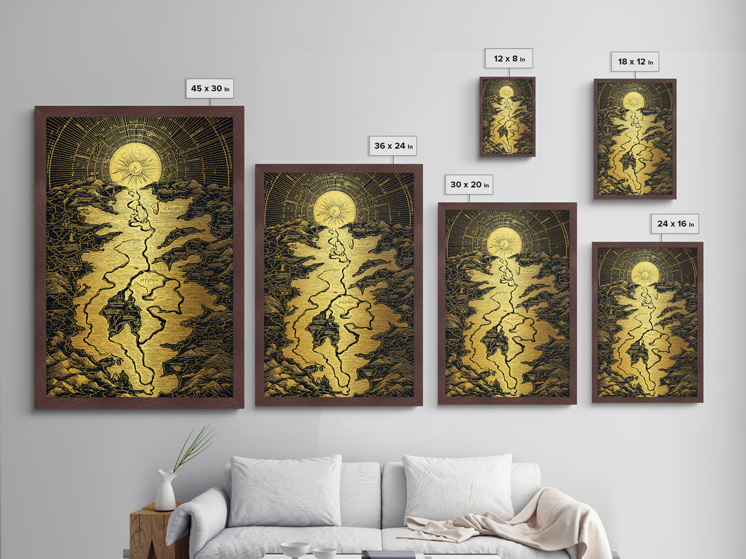 Celestial Map Artwork, Mythical Golden Sun And River Wall Art, Metallic Gold Metal Print, Real Wood Frame, Ancient Inspired Decor
