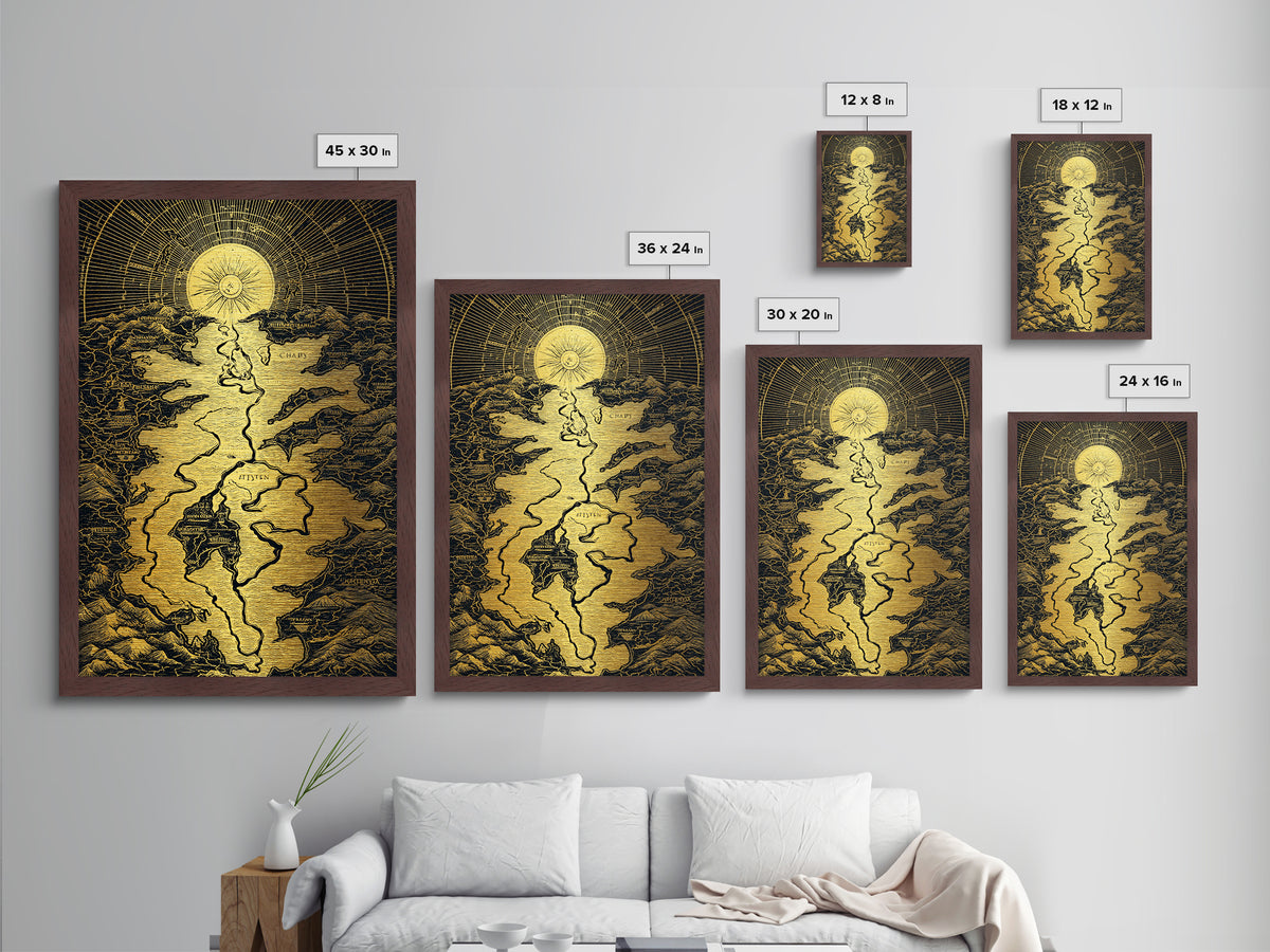 Celestial Map Artwork, Mythical Golden Sun And River Wall Art, Metallic Gold Metal Print, Real Wood Frame, Ancient Inspired Decor