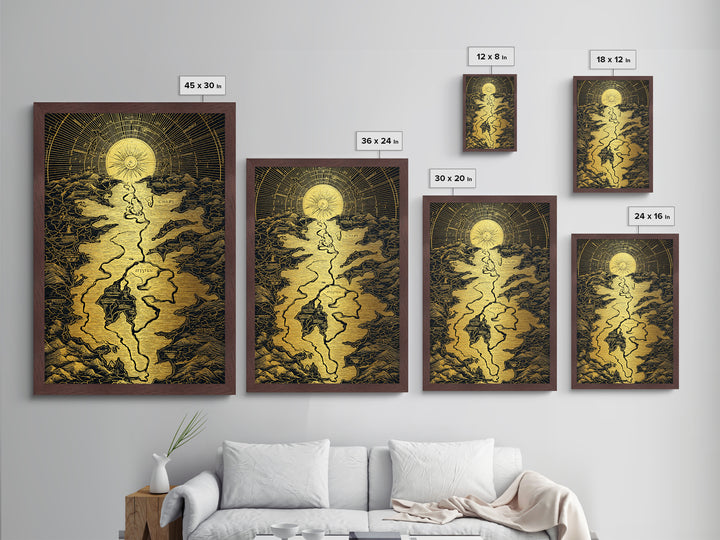 Celestial Map Artwork, Mythical Golden Sun And River Wall Art, Metallic Gold Metal Print, Real Wood Frame, Ancient Inspired Decor