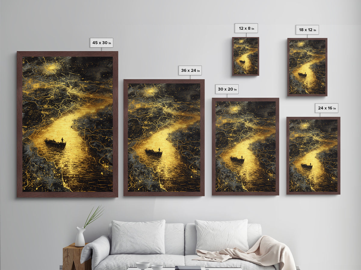 Mythical Boat Journey Artwork, Celestial Golden Map Wall Art, Metallic Gold Metal Print, Real Wood Frame, Mystical Decor