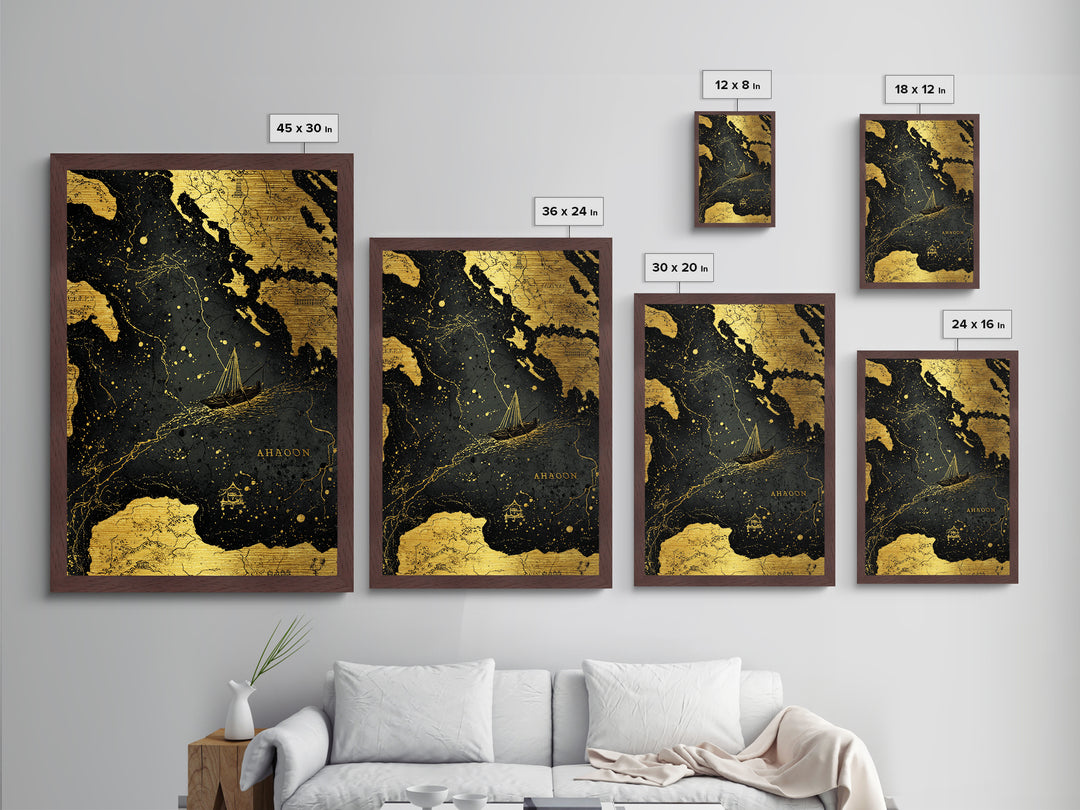 Golden Voyage Map Artwork, Ancient Nautical Journey Wall Art, Metallic Gold Metal Print, Real Wood Frame, Mythical Decor