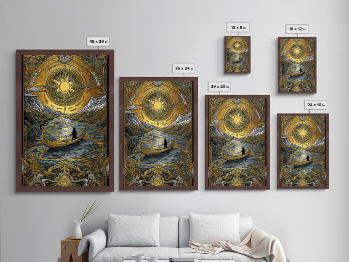 Mystical Compass Artwork, Celestial Sun And Boat Journey Wall Art, Metallic Gold Metal Print, Real Wood Frame, Mythology Decor