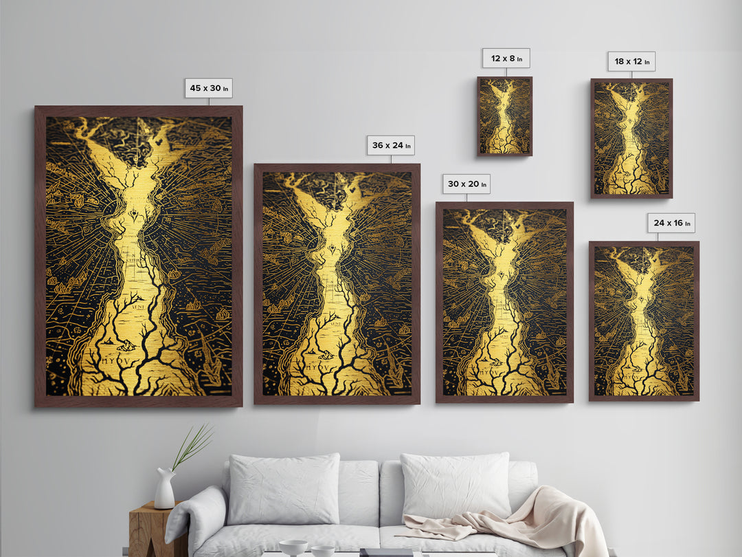 Ancient River Map Artwork, Mythical Golden Waterways Wall Art, Metallic Gold Metal Print, Real Wood Frame, Esoteric Decor