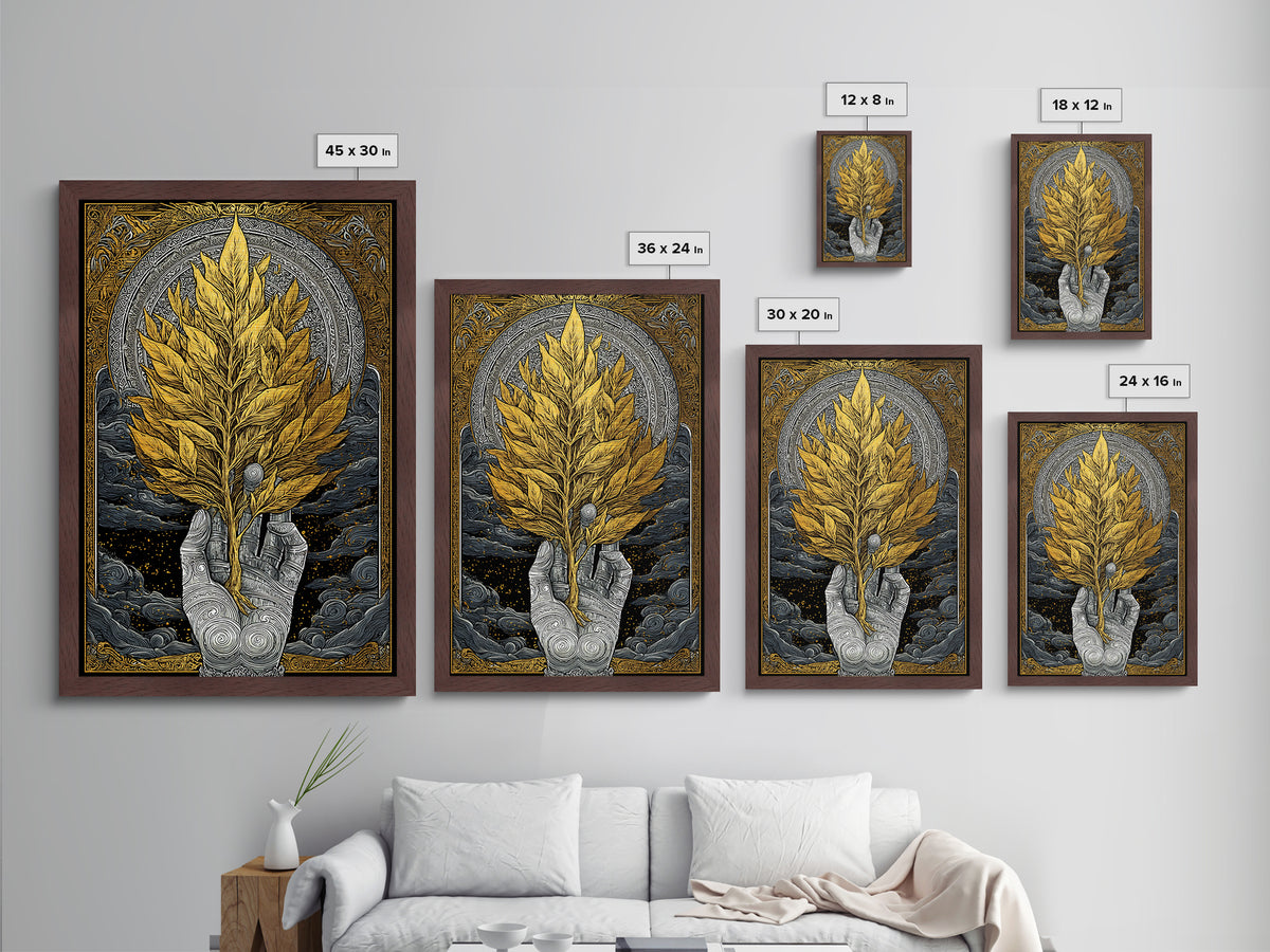 Hand With Golden Leaves Artwork, Mythical Nature Symbol Wall Art, Metallic Gold Metal Print, Real Wood Frame, Sacred Decor