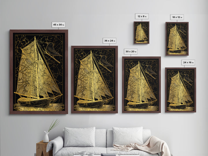 Golden Sailboat Artwork, Mythical Nautical Journey Wall Art, Metallic Gold Metal Print, Real Wood Frame, Celestial Decor