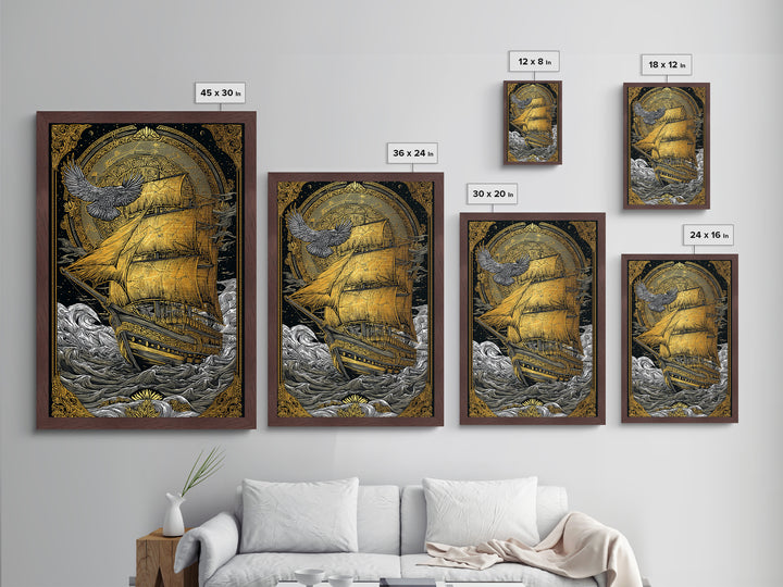 Mythical Sailing Ship Artwork, Celestial Constellation Sea Voyage Wall Art, Metallic Gold Metal Print, Real Wood Frame Decor