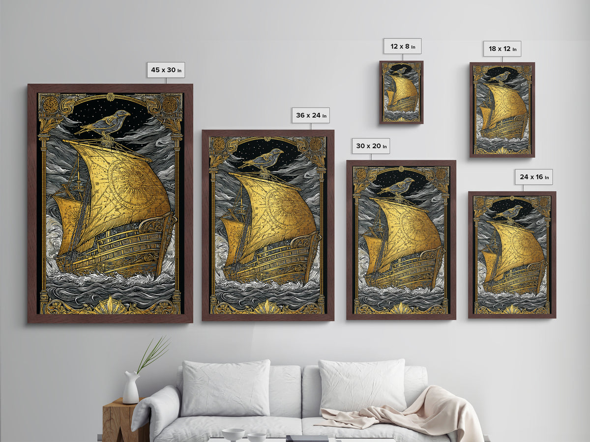 Ancient Ship Artwork, Nautical Journey With Bird Symbol Wall Art, Mythical Celestial Voyage, Metallic Gold Metal Print, Real Wood Frame