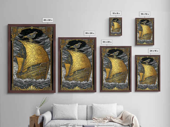 Ancient Ship Artwork, Nautical Journey With Bird Symbol Wall Art, Mythical Celestial Voyage, Metallic Gold Metal Print, Real Wood Frame