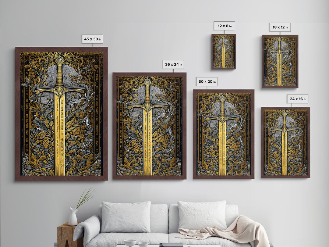 Sword Of Nature Artwork, Mythical Blade Surrounded By Leaves Wall Art, Ancient Weapon Design, Metallic Gold Metal Print, Real Wood Frame