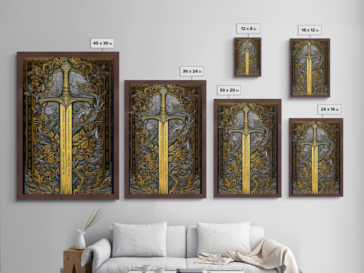 Sword Of Nature Artwork, Mythical Blade Surrounded By Leaves Wall Art, Ancient Weapon Design, Metallic Gold Metal Print, Real Wood Frame