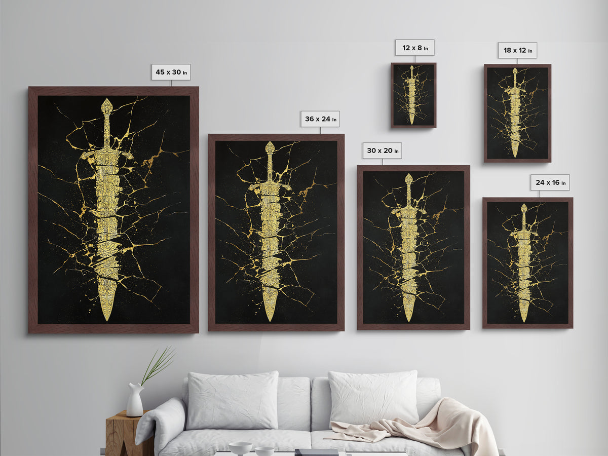 Broken Sword Artwork, Cracked Ancient Blade Symbol Wall Art, Mythical Weapon Decor, Esoteric Design, Metallic Gold Metal Print, Real Wood Frame