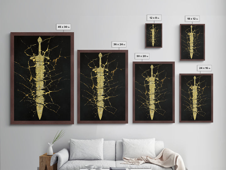 Broken Sword Artwork, Cracked Ancient Blade Symbol Wall Art, Mythical Weapon Decor, Esoteric Design, Metallic Gold Metal Print, Real Wood Frame
