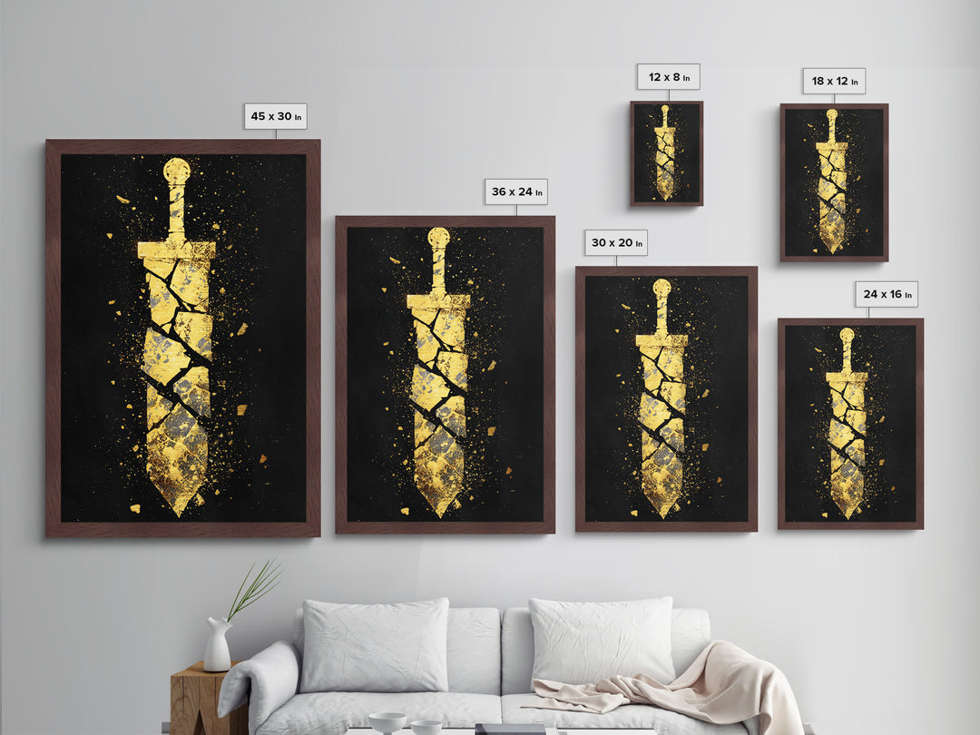 Shattered Sword Artwork, Exploding Blade Symbol Wall Art, Mythical Weapon Design, Ancient Esoteric Decor, Metallic Gold Metal Print, Real Wood Frame