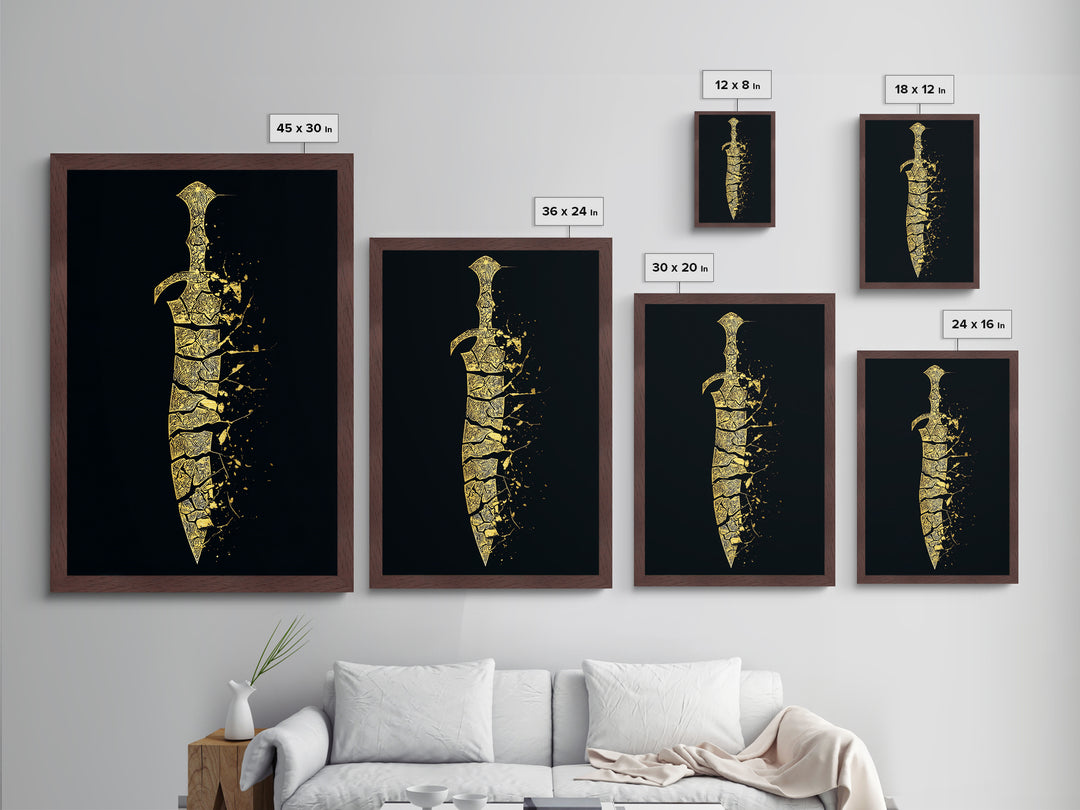 Ancient Broken Sword Artwork, Esoteric Cracked Blade Symbol Wall Art, Mythical Weapon Decor, Metallic Gold Metal Print, Real Wood Frame