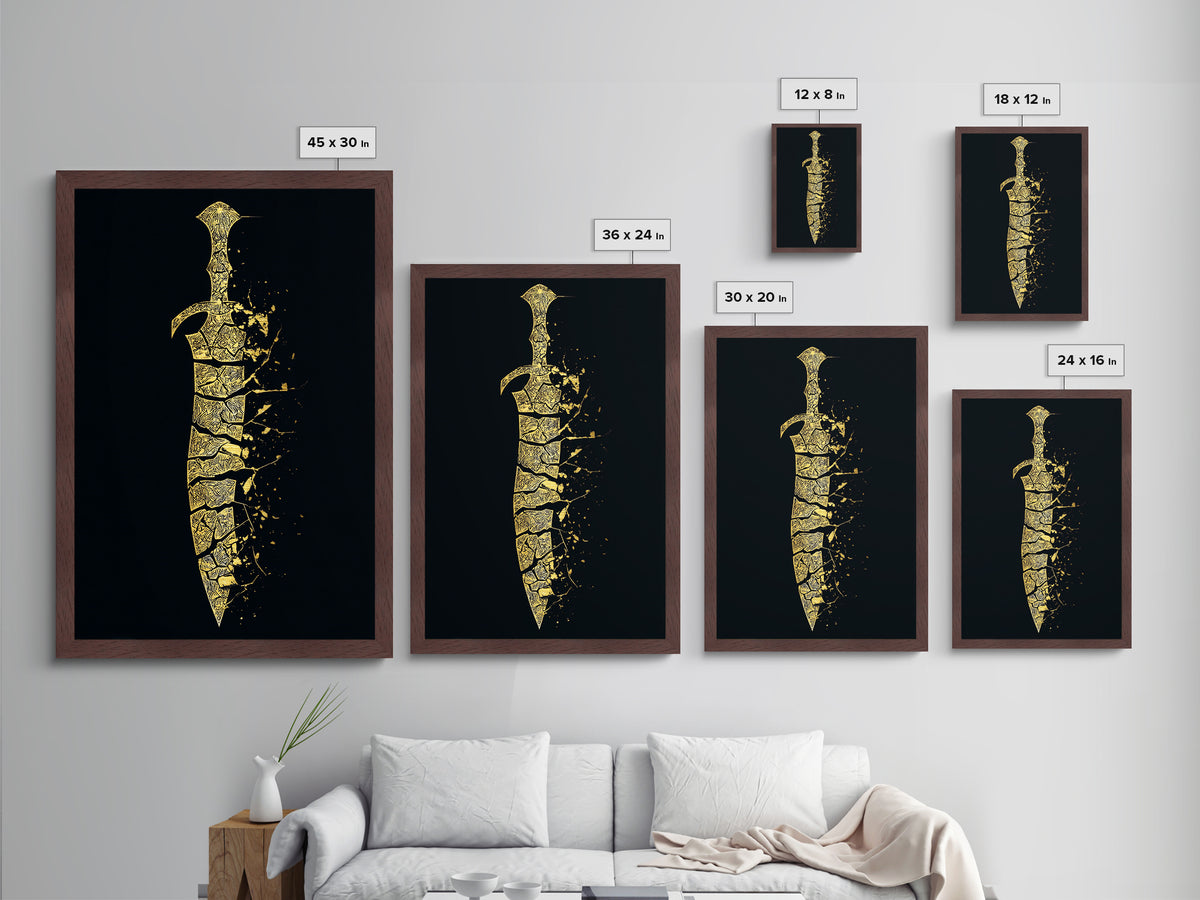 Ancient Broken Sword Artwork, Esoteric Cracked Blade Symbol Wall Art, Mythical Weapon Decor, Metallic Gold Metal Print, Real Wood Frame