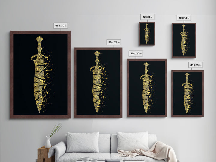 Ancient Broken Sword Artwork, Esoteric Cracked Blade Symbol Wall Art, Mythical Weapon Decor, Metallic Gold Metal Print, Real Wood Frame