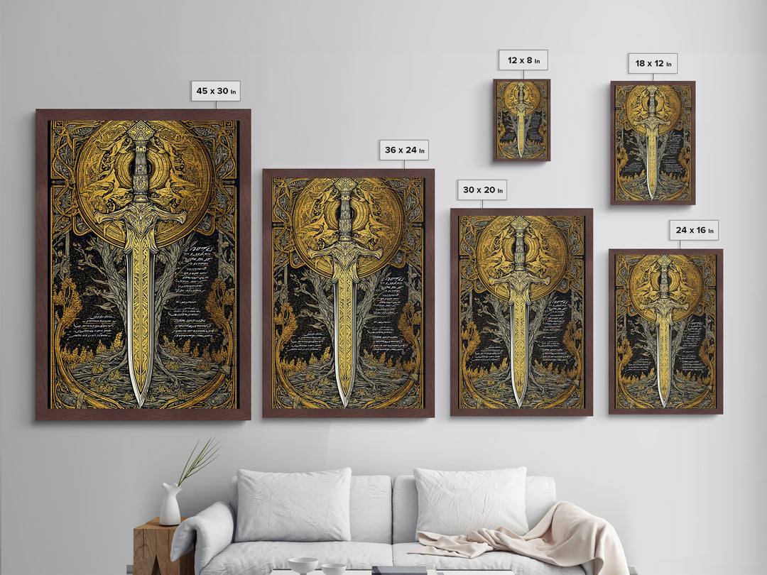 Celestial Sword Artwork, Mythical Blade Surrounded By Ornate Sun Symbol, Ancient Weapon Design, Metallic Gold Metal Print, Real Wood Frame