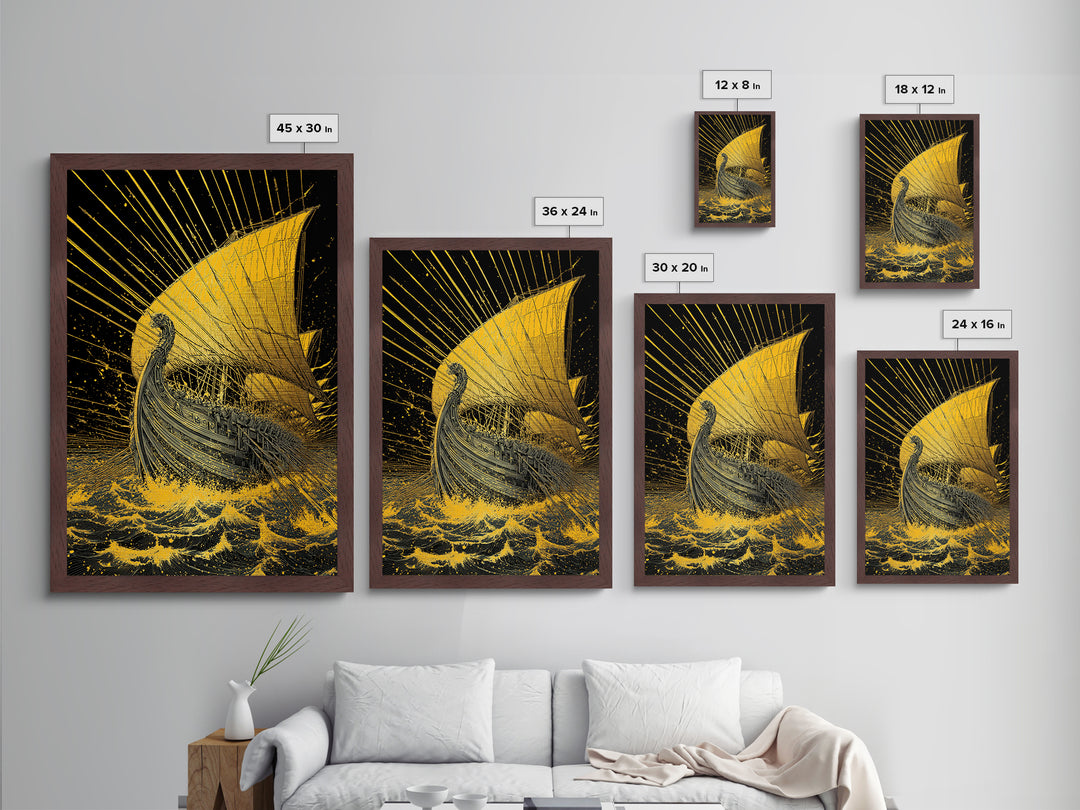 Metallic Gold Metal Print, Ancient Greek Ship Wall Art, Mythology Ocean Decor, Real Wood Frame, Historic Maritime Artwork