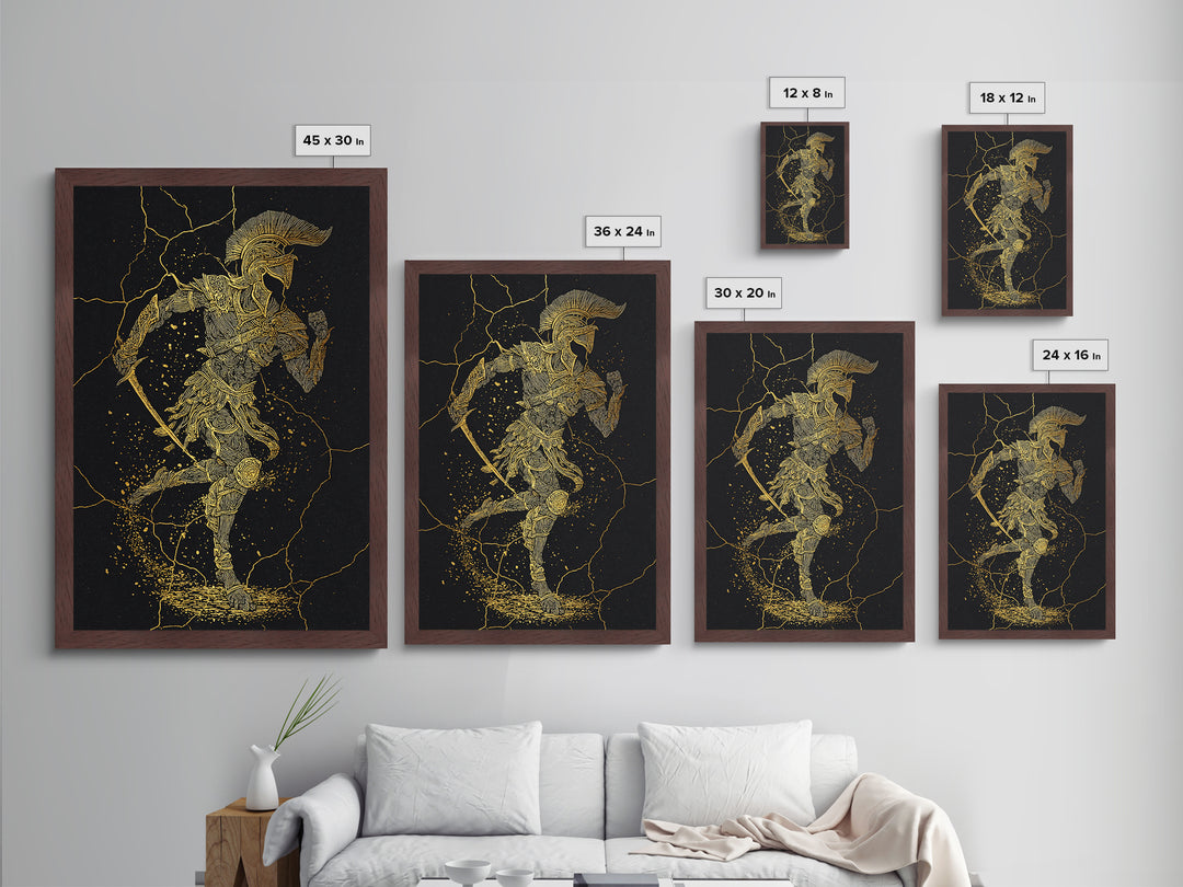 Metallic Gold Metal Print, Spartan Runner Wall Art, Mythology Warrior Decor, Real Wood Frame, Ancient Greek Hero Artwork