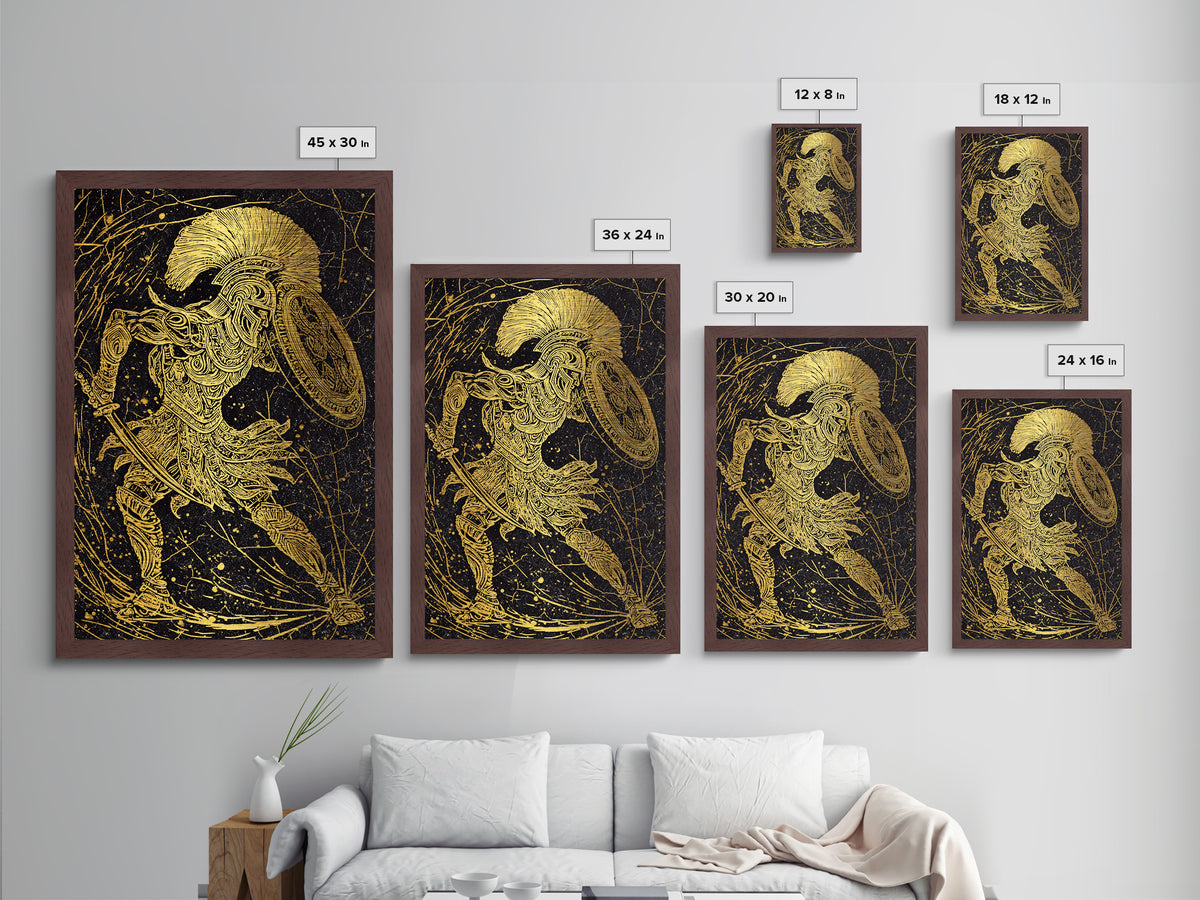 Metallic Gold Art, Ancient Greek Warrior With Shield, Mythology Inspired Wall Decor, Real Wood Frame, Heroic Battle Artwork