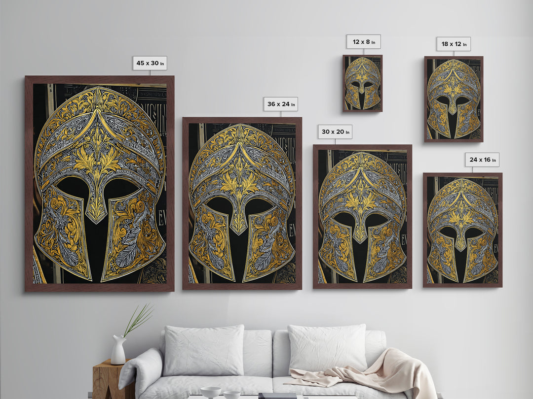 Antique Spartan Helmet with Mythical Inscriptions – Metallic Gold Art, Real Wood Framed Metal Art, Aged Warrior Helmet Wall Art