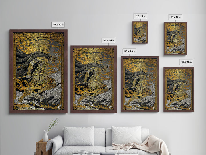 Ancient Warrior With Spear, Metallic Gold Metal Print, Mythology Wall Art, Battle Scene Decor, Real Wood Frame Epic Artwork