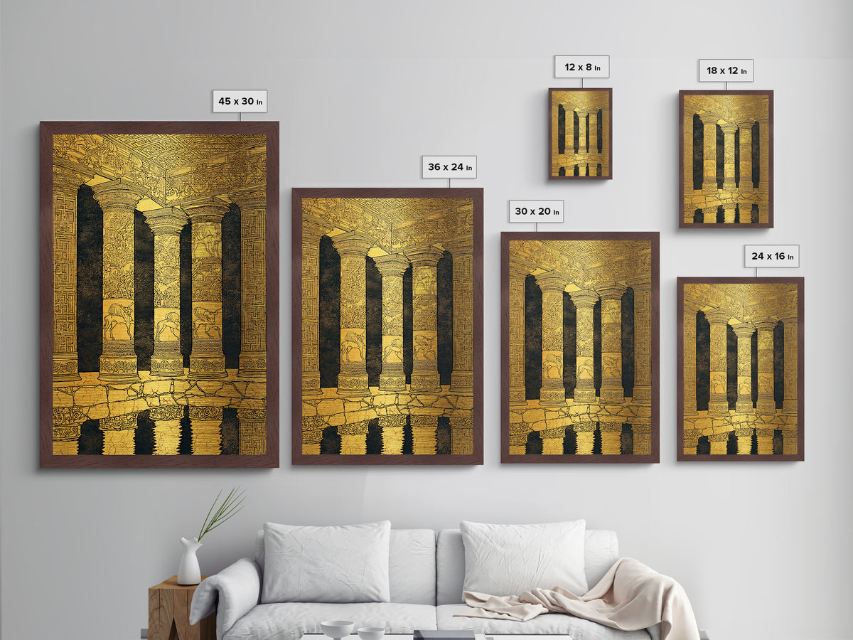 Ancient Greek Temple Columns, Metallic Gold Metal Print, Classical Architecture Wall Art, Historic Decor, Real Wood Frame Artwork