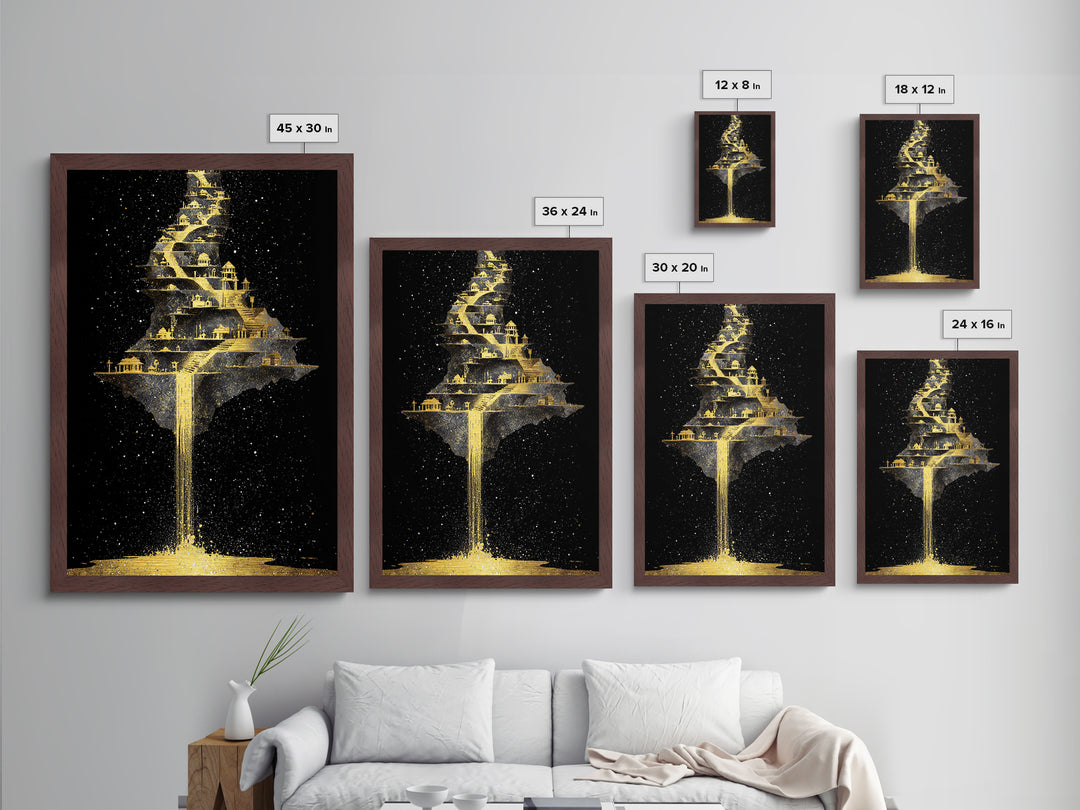 Floating Cosmic City Of Light, Metallic Gold Metal Print, Fantasy Architecture Wall Art, Real Wood Framed Home Decor