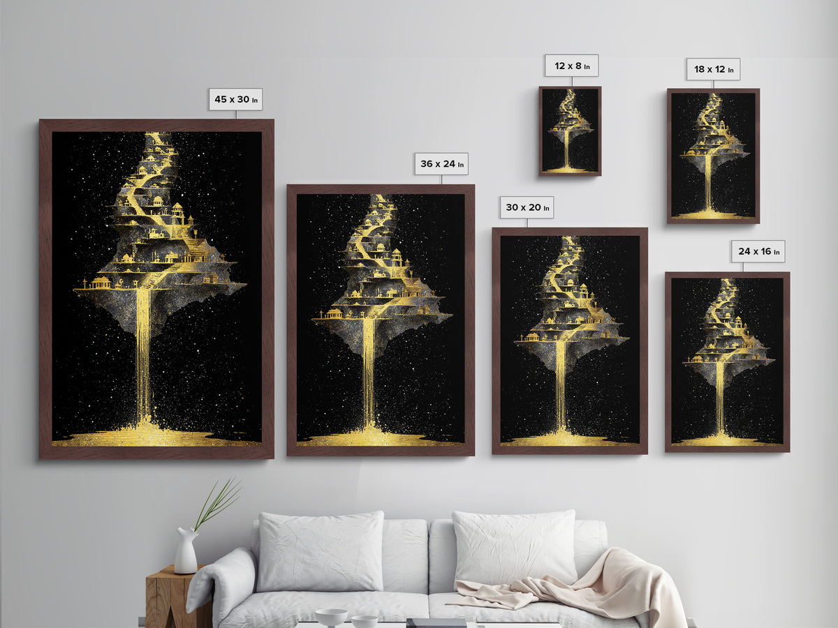 Floating Cosmic City Of Light, Metallic Gold Metal Print, Fantasy Architecture Wall Art, Real Wood Framed Home Decor