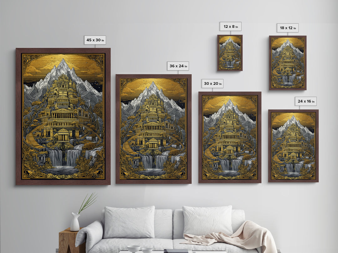 Mythical Mountain Palace With Waterfalls, Metallic Gold Metal Print, Fantasy Landscape Art, Real Wood Framed Wall Decor