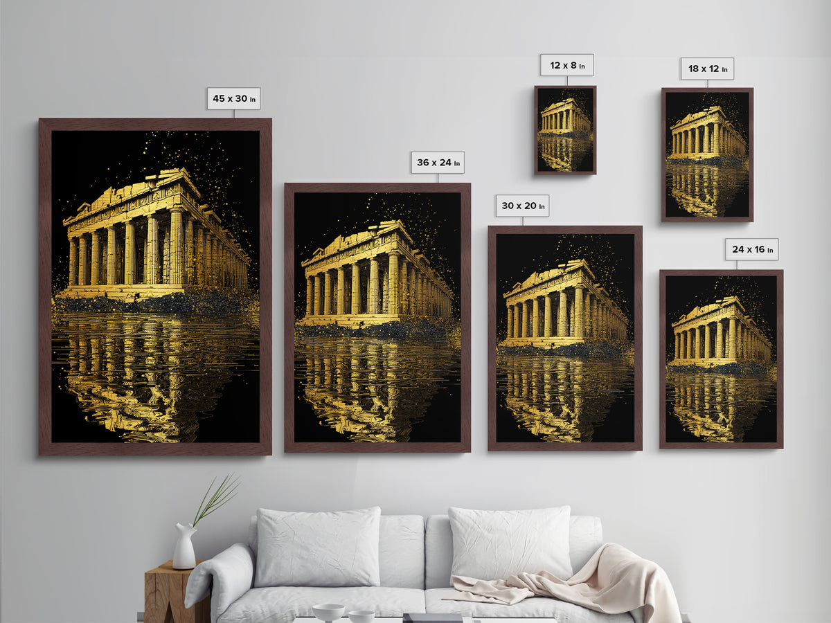 Parthenon Temple Reflection Shimmer, Metallic Gold Metal Print, Ancient Greek Architecture Artwork, Real Wood Framed Decor