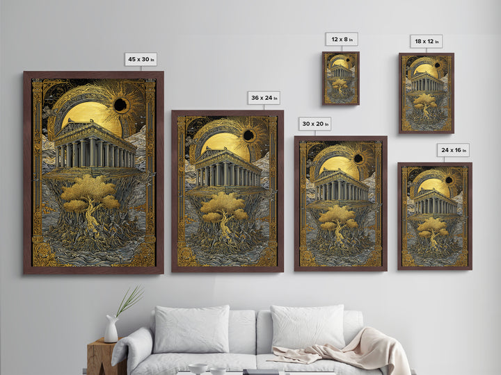 Temple Under Eclipse Sun And Stars, Metallic Gold Metal Print, Mythical Fantasy Architecture Wall Art, Real Wood Framed Art
