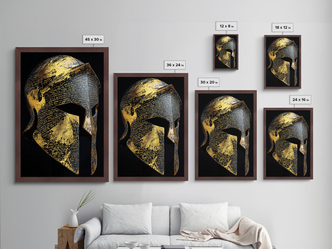 Heavily Ornamented Greek Helmet with Laurel Motif – Metallic Gold Art, Premium Framed Metal Art with Real Wood, Heroic Wall Display